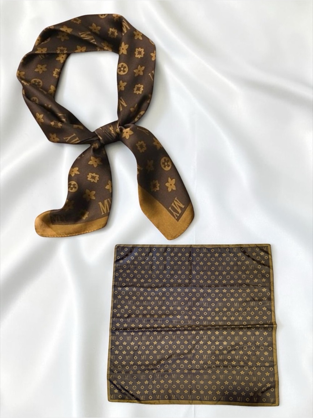 Silky Brown & Gold Monogram Floral Medalion  Motifs Square Vintage Scarf